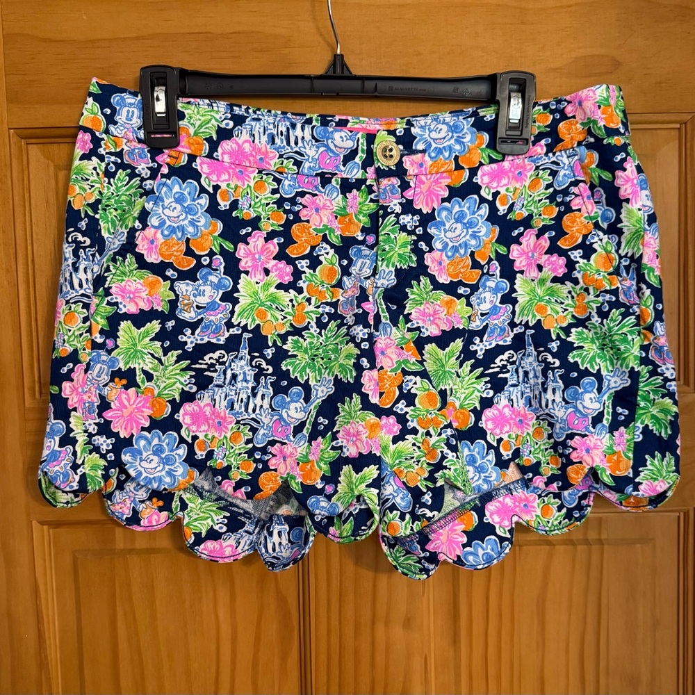EUC Disney Mickey Mouse High Waist Blue and Pink Floral Shorts